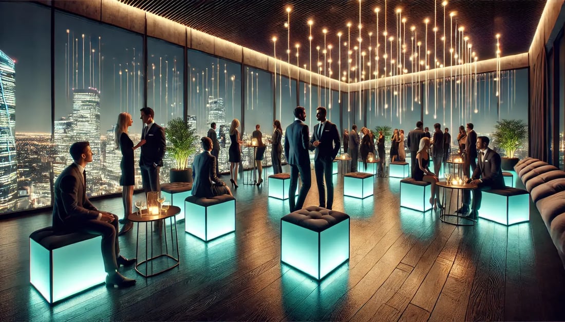 DALL·E 2025-09-24 16.16.31 - A high-quality, upscale indoor rooftop lounge or bar event at night, with a modern and elegant ambiance. The scene includes well-dressed people in sem